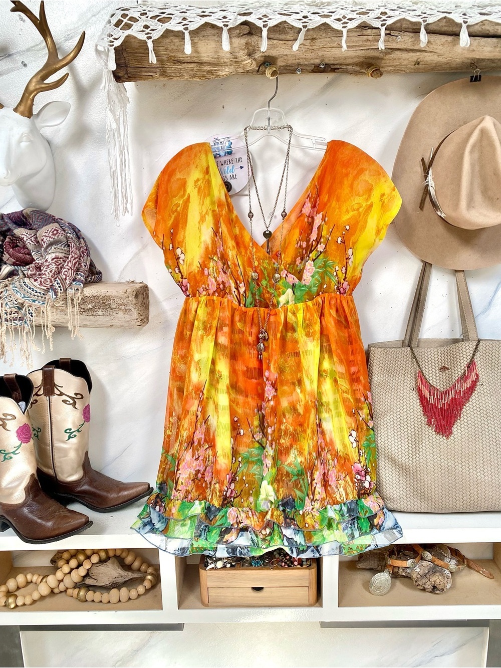 SILK Cherry blossoms watercolour boho dress w vacay martini cocktail party vibe